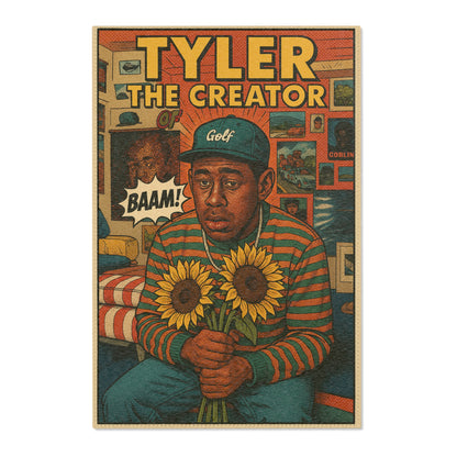 Vinyl Area Rug featuring Tyler The Creator with Sunflowers - Home Decor for Music Lovers
